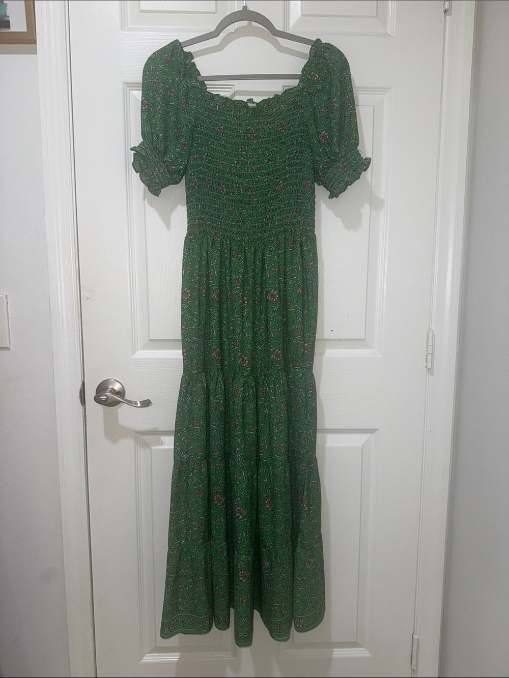 Max Studio Emerald Green Smocked Maxi Dress with Puff Sleeves